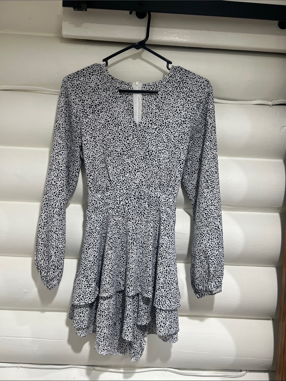 SHEIN White with Black Speckle Long Sleeve Tiered Romper